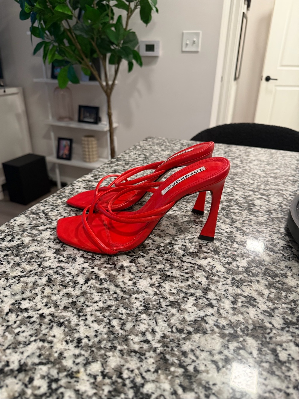 Topshop Farley Bright Red Strappy Square-Toe Mule Heels